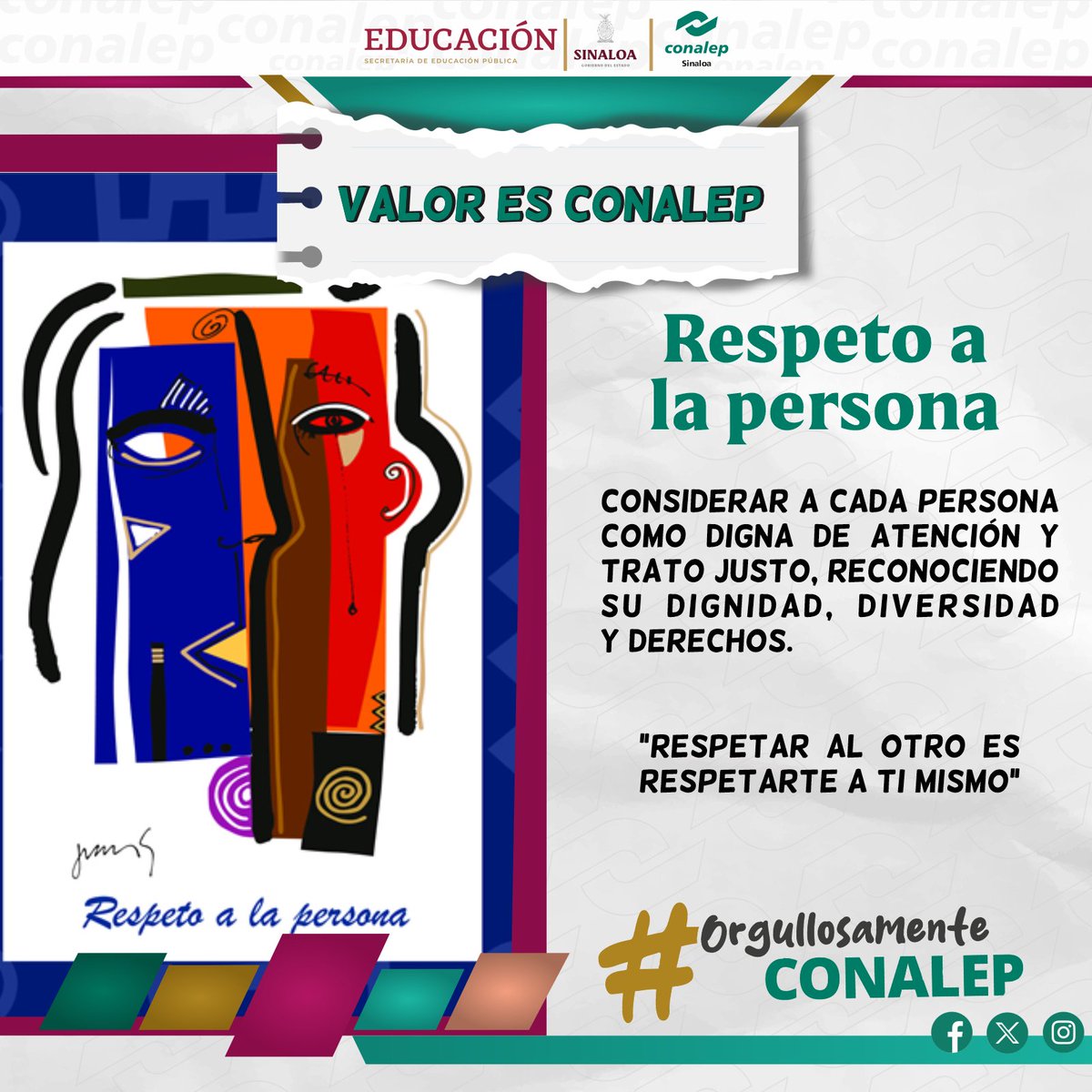 En el #Conalep, fomentamos el respeto a la persona como un valor fundamental para nuestro desarrollo personal y profesional.  

Consideramos a cada una de las personas como individuos dignos de atención, con intereses más allá de lo estrictamente profesional o laboral.