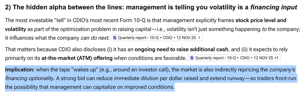 Alphanalyst's tweet image. $CDIO: Investor call triggered 20% intraday surge on thin 1.76M share float, fueling momentum buying and retail chatter targeting $1.60-$1.65 from $1.05 lows. 

ATM offering capacity of $9.48M and $6.36M cash position spotlight financing optionality amid 13-month runway at $0.49M