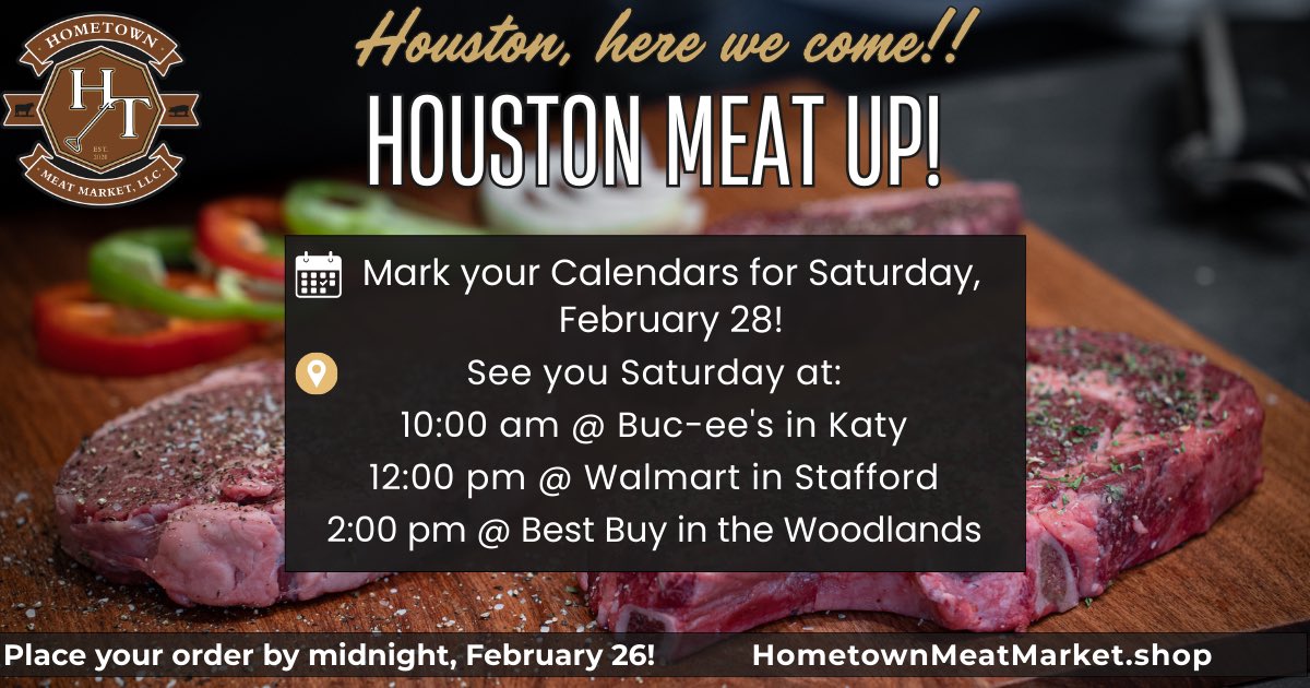 hmmonlinestore's tweet photo. Houston, we’re heading your way February 28! Get your orders in by February 26!
https://t.co/eBQF9suue8
#HoustonMeatUp #HoustonWeAreHeadingYourWay #HometownBeef #2BarCBeef #BeefItsWhatsforDinner https://t.co/qi6lOpQF61