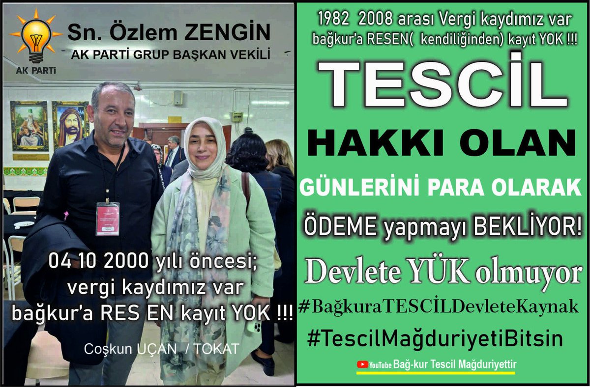 🙏"Artık vaat değil, icraat istiyoruz``🙏
 #BağkurTescilZulmüBitsin 
<a href="/Akparti/">AK Parti</a> <a href="/tcbestepe/">T.C. Cumhurbaşkanlığı</a> <a href="/dbdevletbahceli/">Devlet Bahçeli</a> <a href="/melih_meric/">Melih Meriç</a> <a href="/_cevdetyilmaz/">Cevdet Yılmaz</a> <a href="/ozgurerdursun/">Özgür Erdursun</a> <a href="/RTErdogan/">Recep Tayyip Erdoğan</a> <a href="/B_Palandoken/">Bendevi Palandöken</a> <a href="/eczserkansari/">Serkan Sarı 🇹🇷</a> <a href="/ahaber/">A Haber</a> <a href="/tgrthabertv/">TGRT HABER</a> <a href="/ankahabera/">ANKA Haber Ajansı</a> <a href="/dileketesgk/">Dilek ETE</a> <a href="/MHP_Bilgi/">MHP</a> <a href="/AvOzlemZengin/">Av. Özlem Zengin 🇹🇷</a> <a href="/TBMMGenelKurulu/">TBMM Genel Kurulu</a> 1