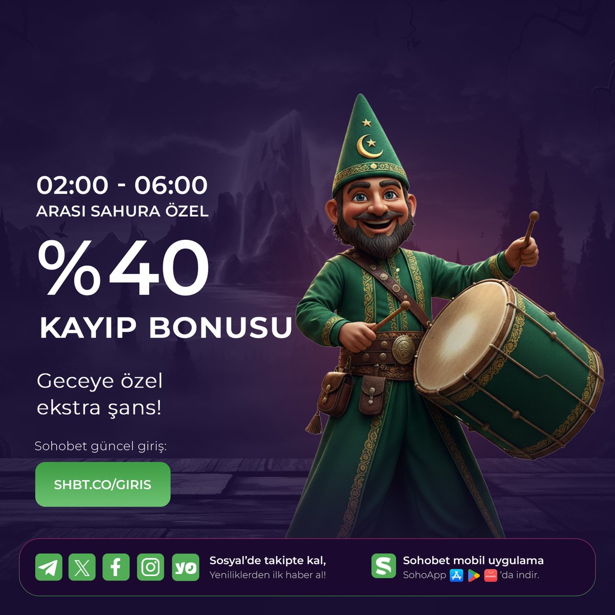 🌙SAHURA ÖZEL GECE FIRSATI!✨

02:00 – 06:00 saatleri arasında
%40’a varan özel bonus avantajı seni bekliyor! 🔥

Sohobet’te sahur saatleri ekstra heyecan demek! 💚

⏰ Belirtilen saatlerde giriş yap
🎯 Oyununu seç
🚀 Geceye özel fırsatlardan yararlan

➡️ shbt.co/giris