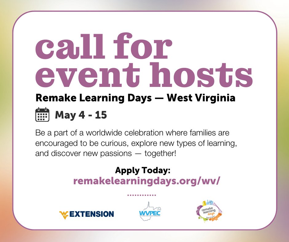WV_PEC's tweet photo. Join us as we showcase the incredible learning opportunities in communities across the Mountain State!

Host an event during #RemakeDaysWV! Learn more at https://t.co/V46O3wLG9N https://t.co/714kiM1KdL