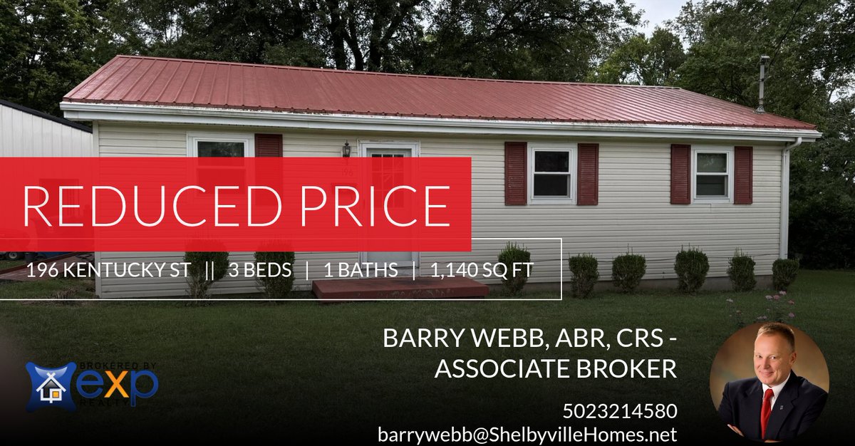 barrywebb's tweet photo. 📍 Reduced Price 📍 This recently reduced home at 196 Kentucky St in Shelbyville won't last long, so, don't wait to set up a showing! Reach out here or at 5023214580 for more information!

Listed by
Barry Webb
eXp Realty, LLC
(502)... https://t.co/3iX620I9IB https://t.co/Gf3d8pHSZp