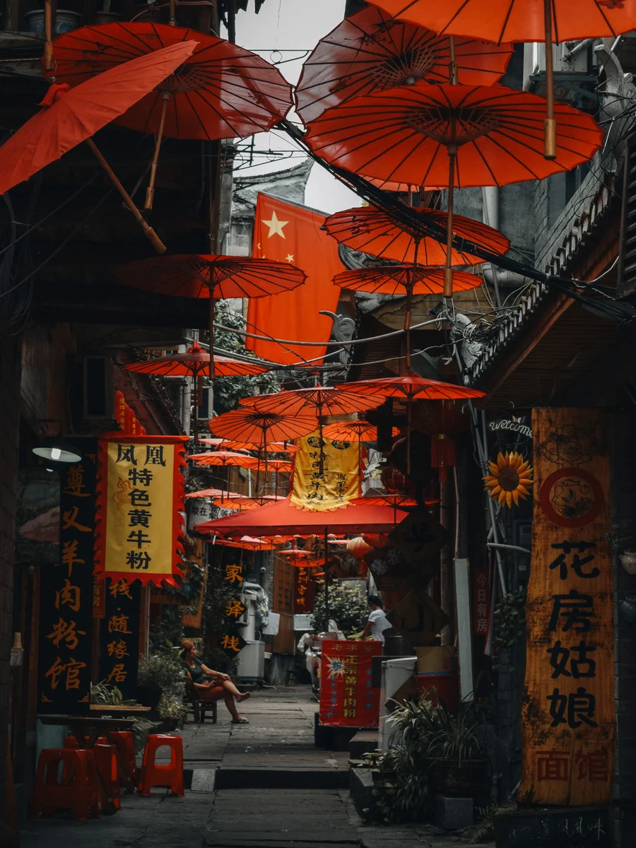 Street view featuring Chinese flags and red umbrellas suspended above. Shop signs with Chinese characters. The text includes: 'Welcome,' 'text@1', 'text@2,' 'text@3,' 'text@4,' 'text@5,' 'text@6,' 'text@7,' 'text@8'.