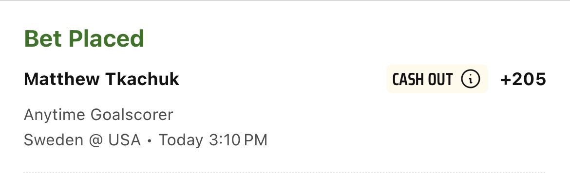 Feb 18th 

Doubling down on the USA game on one player.. 

Straight Bet #1 
#Olympic Player Prop
+205 Odds / #DraftKings

• Matthew Tkachuk Anytime Goal