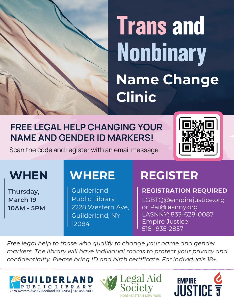 Thank you to <a href="/GuilderlandLib/">Guilderland Library</a> for hosting LASNNY and <a href="/empirejustice/">Empire Justice (@EmpireJustice on BlueSky)</a> for our Name-Change Clinic. 

Get FREE legal help changing your name and gender ID markers on March 19th! Registration is required, please reach out to pai@lasnny.org for more information.