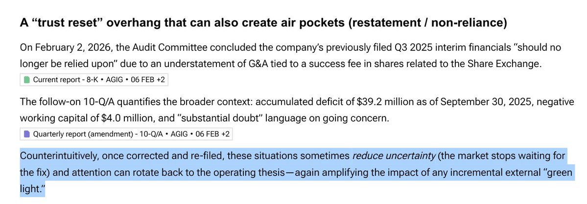 Alphanalyst's tweet image. $AGIG: Baytown site acquisition at $8.6M anchors Abundia’s plastics-to-fuels pivot as pre-revenue status meets a $100M equity line fueling scale. 

410K shares issued under ELOC show active funding with 34.6M shares outstanding post-share exchange reset.

Read more in Alpha