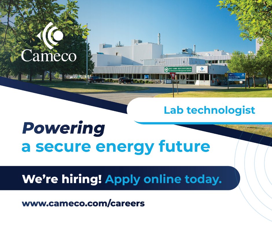 Energize your career with Cameco and help us to power a secure energy future. The Blind River Refinery currently has an open position for a lab technologist. Apply online today! ow.ly/2Zy950YhP1X