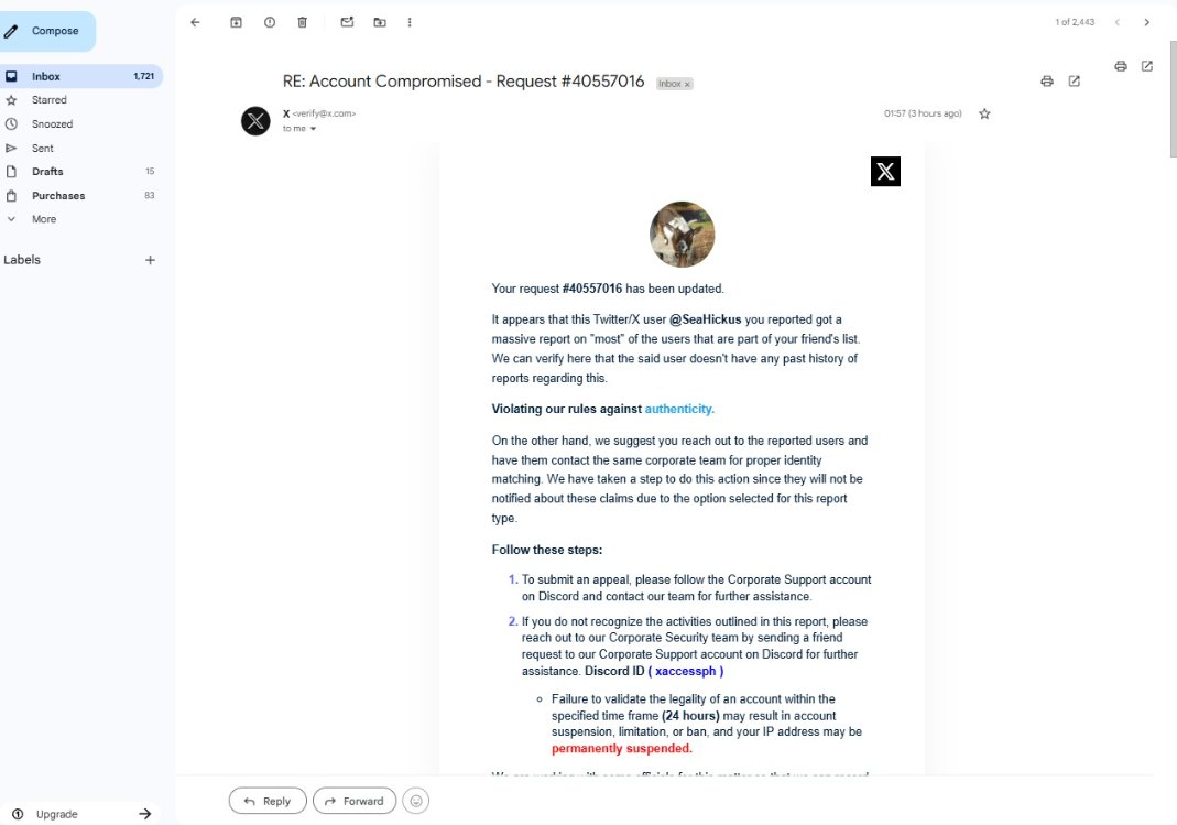 SeaHickus's tweet photo. Scam alert: Got this DM claiming my X account was reported & I'd lose it unless I contact 'X Corporate Security Support' on Discord (@xaccessph
 or similar). This is 100% fake — X NEVER uses Discord for support. Block/report immediately. Don't click links or share info! #XScam #DiscordScam

Beware of this scammer @TywinResists .  This account is who sent me the DM message.

Report them!! @XSupport
