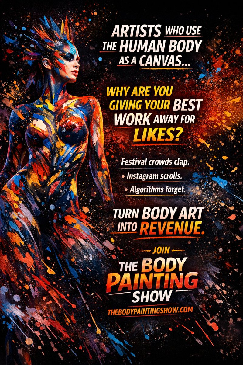 LesterLind58122's tweet image. Artists who use the human body as a canvas…

Why are you giving your best work away for likes?

Festival crowds clap.
Instagram scrolls.
Algorithms forget.
But art that commands attention should command revenue.
We’re building The Body Painting Show — a live, interactive