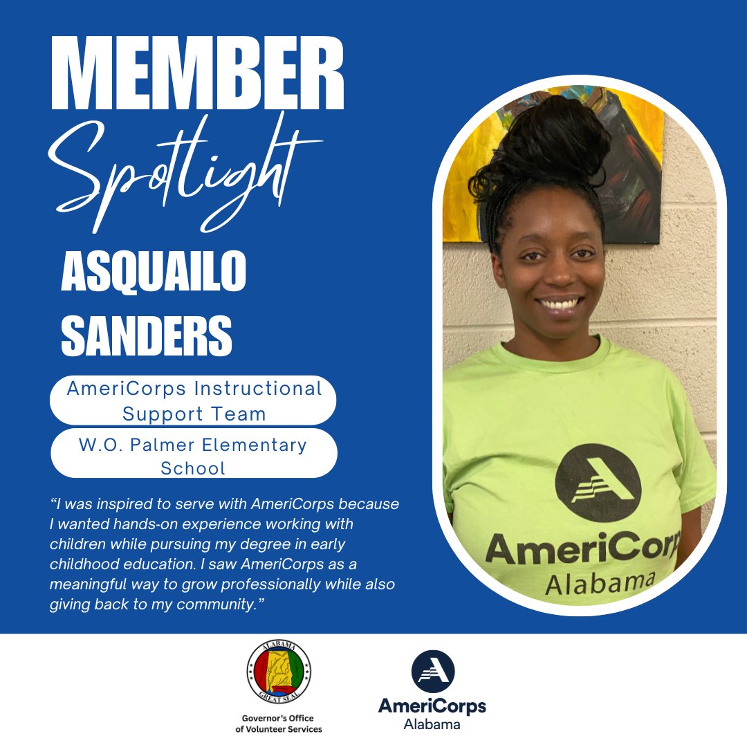 ServeAlabama's tweet photo. We would like to recognize AmeriCorps Instructional Support Team #AlabamaAmeriCorps member Asquailo Sanders. Asquailo serves at W.O. Palmer Elementary School. Thank you for your service! #getthingsdone #AIST #ServeAlabama @AmeriCorps Ist @Butler County Schools https://t.co/nUeWgtFF9e