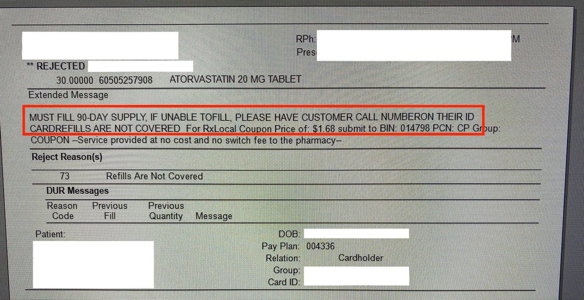 My PBM mafia life, Tuesday 

PBM CVSCAREMARK, vertically integrated with $CVS <a href="/CVSHealth/">CVS Health</a> <a href="/Aetna/">Aetna</a> <a href="/cvspharmacy/">CVS Pharmacy</a>

Trying to fill cholesterol lowering medication. 

Last time I filled,
Patient copay $0.19
PBM paid pharmacy $1.70
Including $0.10 dispensing fee

Now, they will only
