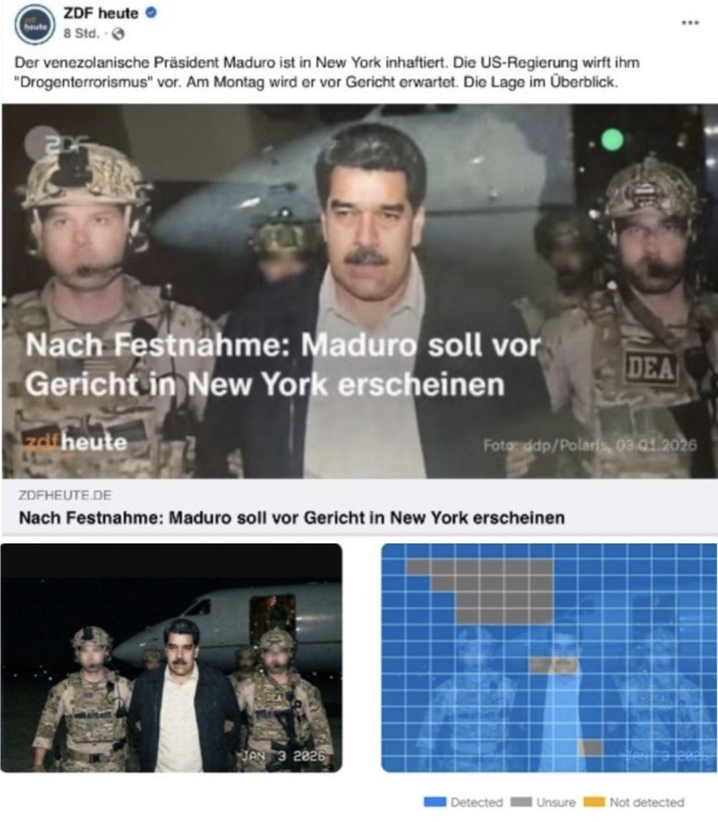 UNFASSBAR - ZDF manipuliert schon wieder Bilder❗️

<a href="/OERRBlog/">ÖRR Blog.</a> meldet, das vom ZDF heute verwendete Bild zeigt nicht die Festnahme von Maduro, sondern wurde mit dem Google KI Programm Nano Banana Pro erstellt. 

ES IST EIN SUMPF.