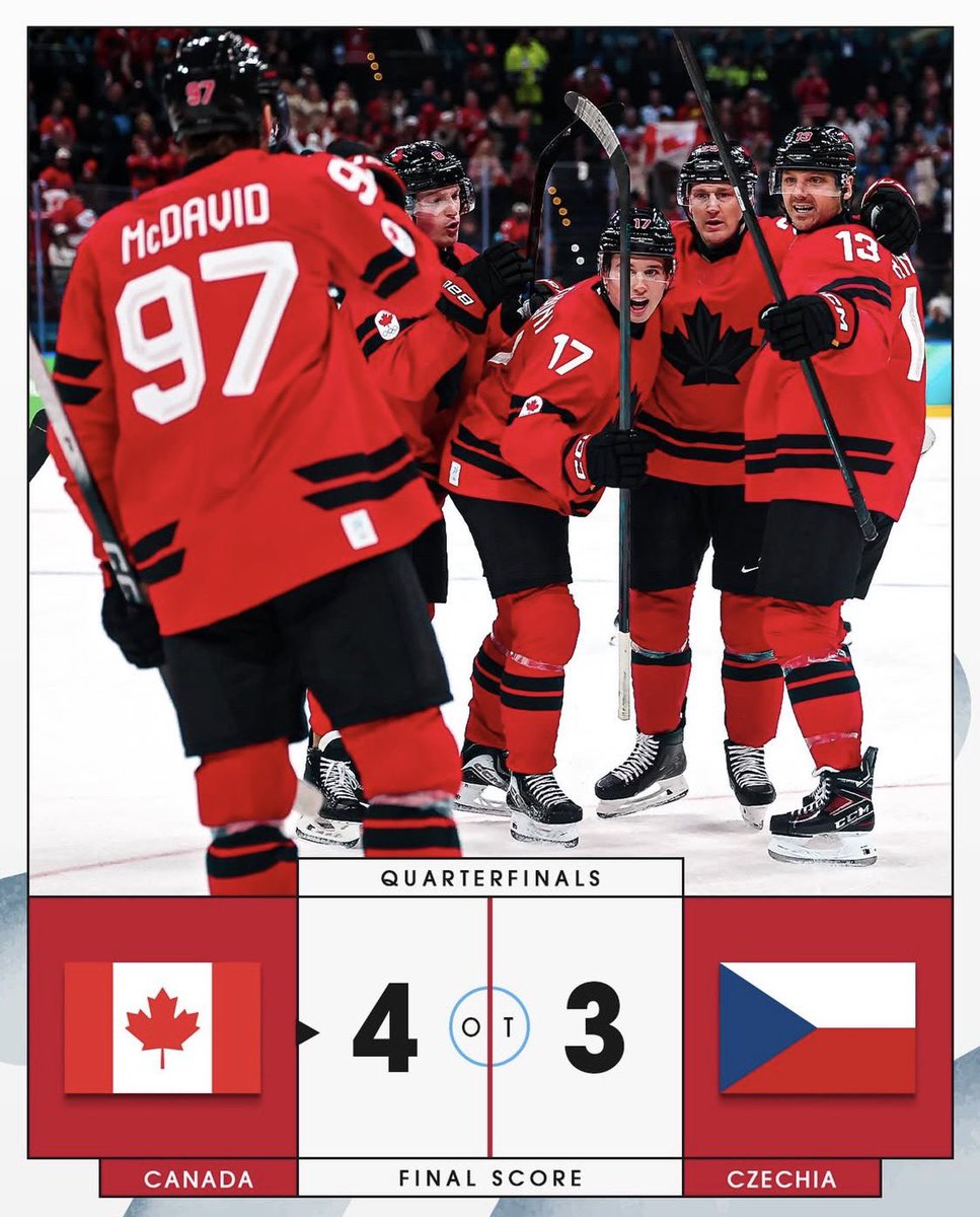 CANADÁ 🇨🇦 en overtime vence 4-3 CZECHIA 🇨🇿 para ir directo y sin escalas a las semifinales de los Juegos Olímpicos de Invierno Milano-Cortina 2026.