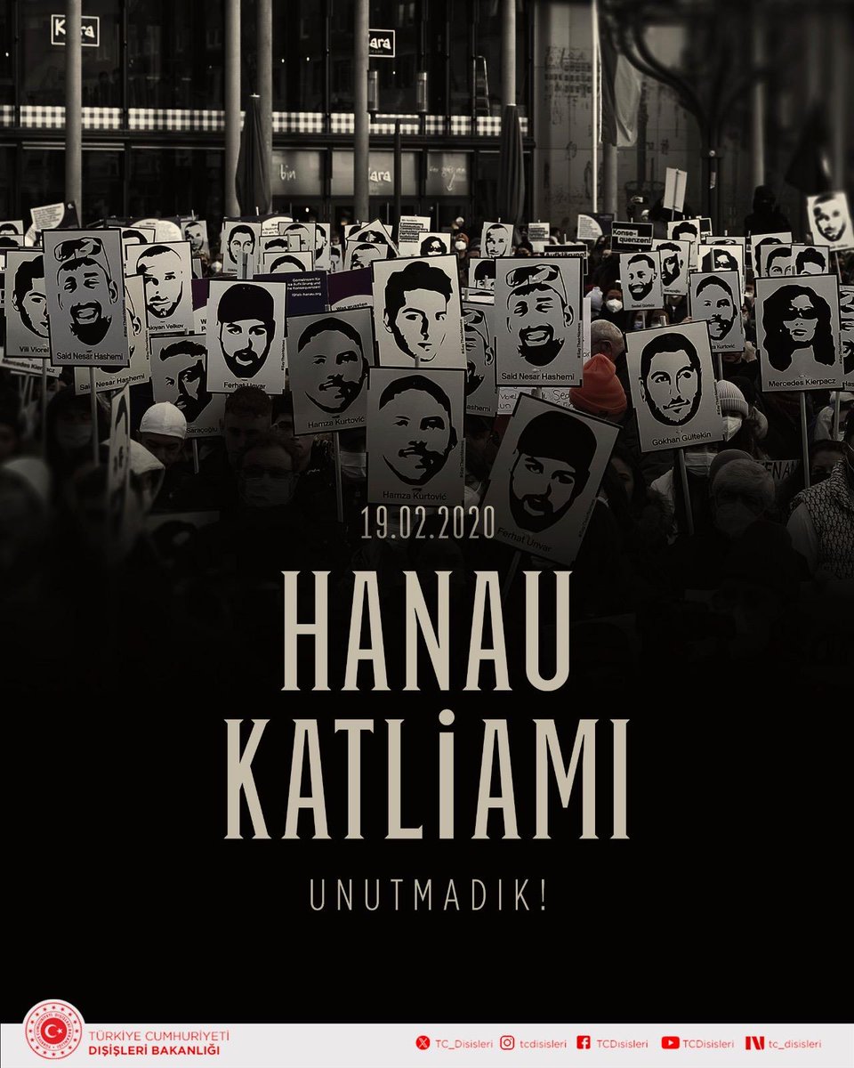Hanau’da altı yıl önce gerçekleşen ırkçı saldırıda hayatını kaybeden vatandaşlarımızı ve tüm kurbanları saygı ve rahmetle anıyoruz.
 
Yabancı düşmanlığına, İslam karşıtlığına ve her türlü nefret suçuna karşı ortak mücadelemizi daha adil ve güvenli bir gelecek için kararlılıkla