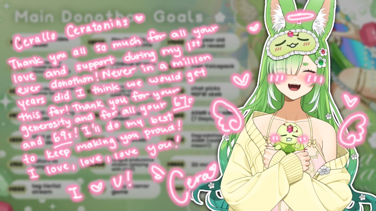 Ceratonins… thank you so much!! We hit so, so many goals 🥺 (some goals I never expected we would ever hit!!)

I’ll slowly roll out these rewards within the next few months, so please stay tuned! Join me next week for part 1 of the rewards 💚 (polls, skebs, photo rewards…)