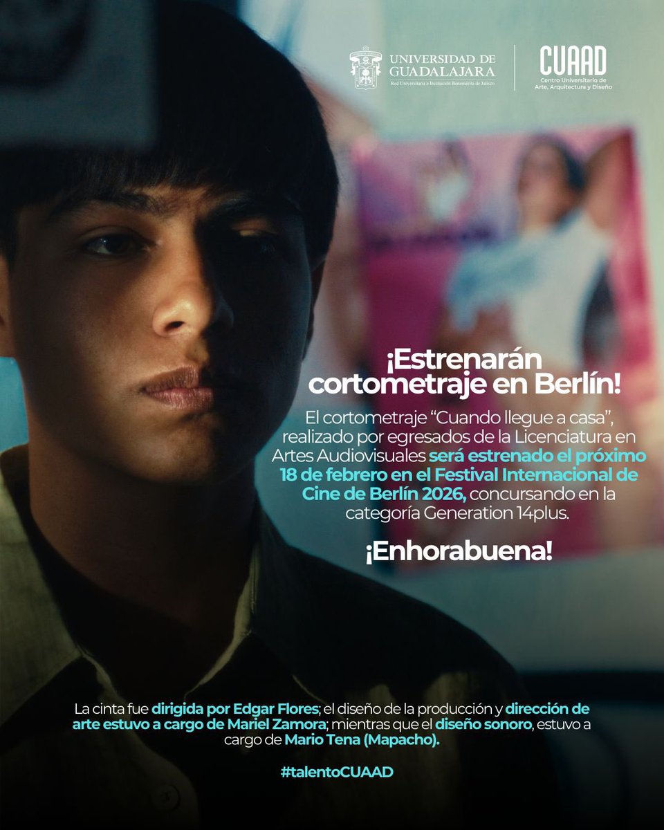 Gran orgullo para el <a href="/CUAAD_UdeG/">CUAAD_UdeG</a> y la <a href="/udg_oficial/">Universidad de Guadalajara</a>. Un cortometraje de nuestros egresados nos representará en Alemania en el Festival Internacional de Cine de Berlín. ¡Felicidades a este equipo por su logro! 🙌🏻😊