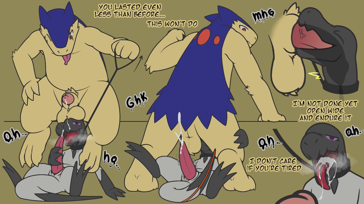 Poor salandit, he can't help but be intoxicated by that strong Typhlosion musk... He needs to learn to control himself if he wants to be a good partner to Typh, at least he seems happy to serve~