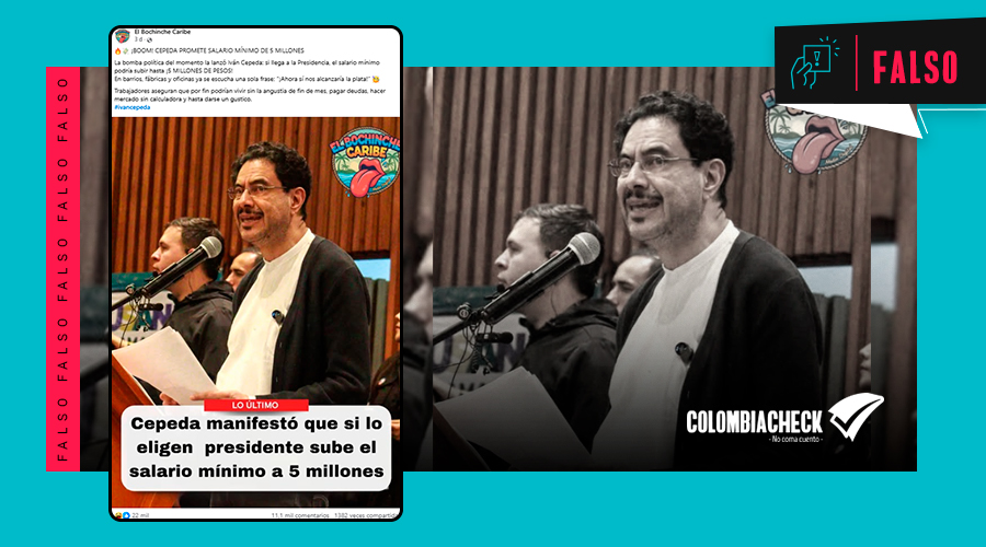 #FALSO | Iván Cepeda no prometió un salario mínimo de 5 millones
📌 No existe registro público de que el candidato haya realizado dicha promesa
📌 La imagen difundida es un montaje basado en una publicación original de Las 2 Orillas
🔗 acortar.link/s2C9Or