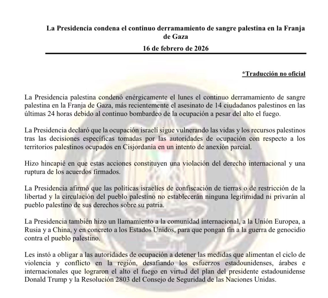PalestineMX's tweet image. La Presidencia del Estado de Palestina condena el continuo derramamiento de sangre palestina en la Franja de Gaza