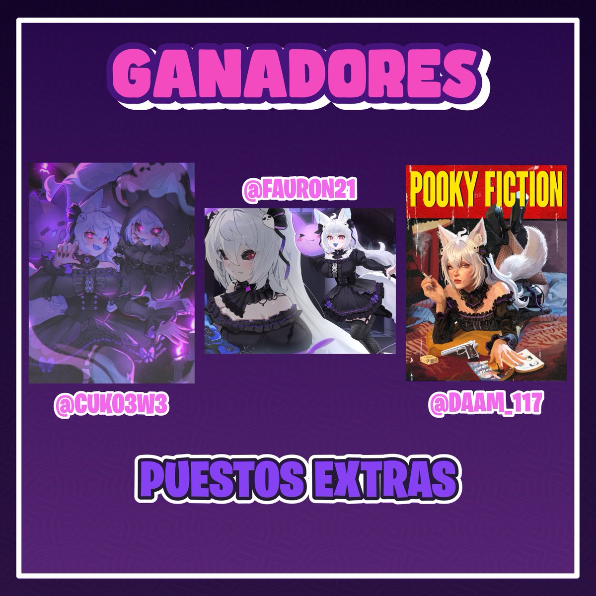Felicidades a los...
✨G A N A D O R E S✨

Estoy muy muy feliz con todo el apoyo que tuvo el concurso <3333 Muchas gracias a todos por participar, fue muy difícil elegir pues todos estaban HERMOSOS, y si pudiera les daría mucho más 🥺

Me estaré contactando con los ganadores en