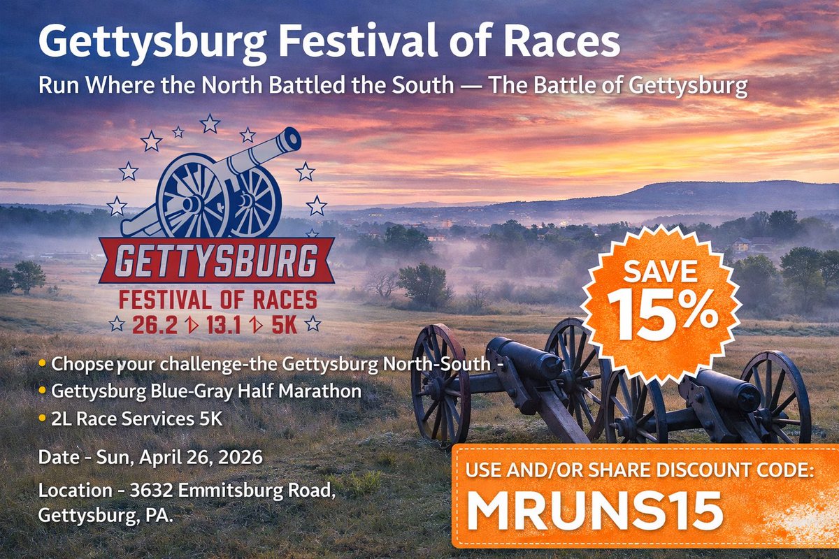 marathonRuns's tweet photo. Gettysburg Festival of Races Run Where the North Battled the South — The Battle of Gettysburg

Choose your challenge: the Gettysburg North-South Marathon, the Gettysburg Blue-Gray Half Marathon, or the 2L Race Services 5K

Sun, April 26, 2026
3632 Emmitsburg Road, Gettysburg, PA https://t.co/QFo63Xh2uV