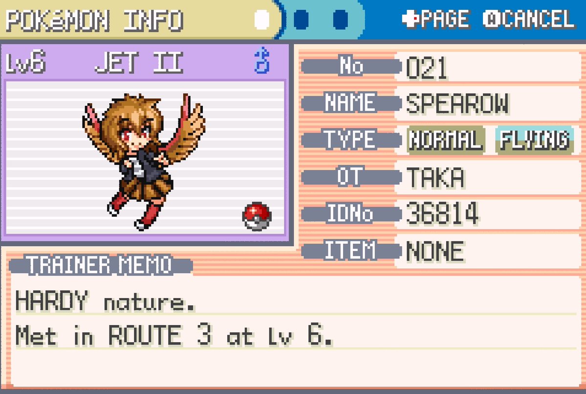 EltakisSW's tweet image. Well... Looks like I got the perfect substitute for Jet the Pidgey: Jet II, the Spearow! #Moemon #Pokemon #Nuzlocke