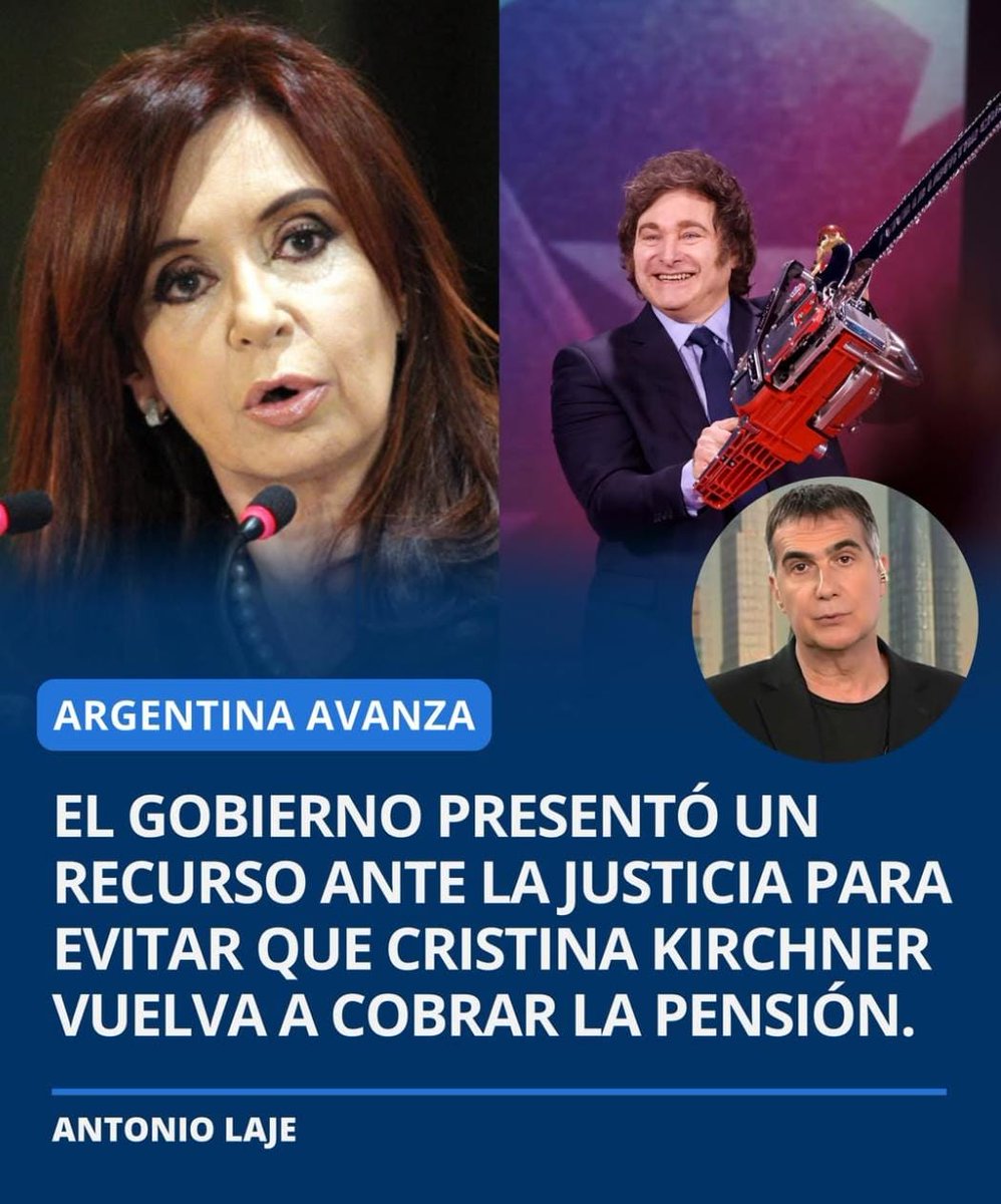 AntonioLaje_'s tweet photo. 💥‼️El GOBIERNO presentó en la JUSTICIA un RECURSO para EVITAR que CRISTINA KIRCHNER VUELVA A COBRAR LA PENSIÓN.

¿Te parece bien? 🤔

1- SÍ, PERFECTO, NO HAY QUE DARLE UN PESO A LA CHORRA ✅
2- NO, ES INJUSTO... CFK MERECE COBRAR LA PENSIÓN ❌ https://t.co/9GYenBDn7K