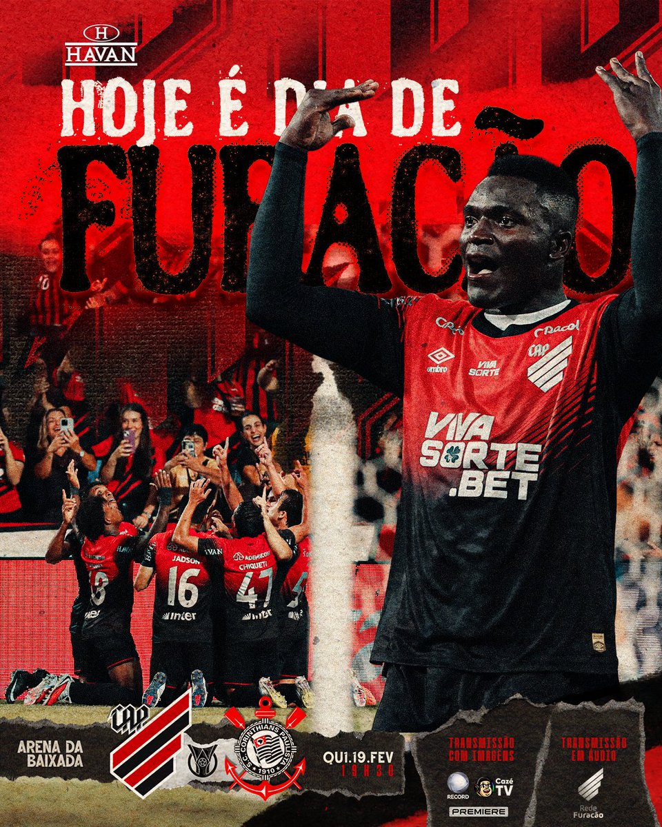 HOJE
É DIA 
DE FURACÃO
🌪️🔴⚫️

Athletico 🆚 Corinthians
Brasileirão 2026: 2ª rodada
⏰ 19/02 (qui), às 19h30
🏟️ Arena da Baixada
📍 Curitiba

📺 Record, CazéTV e Premiere 
🎙️ youtube.com/athleticoparan…
