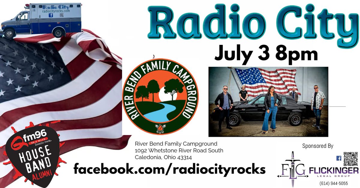 Radio City at River Bend Family Campground 7/3 8pm
1092 Whetstone River Rd S, Caledonia,OH 43314

facebook.com/share/1N9sNFc8…

Radio City sponsored by Flickinger Legal Group call for free consultation 614-944-5055
#radiocityrocks #flickingerlegalgroup #riverbend #IndependenceDay2026