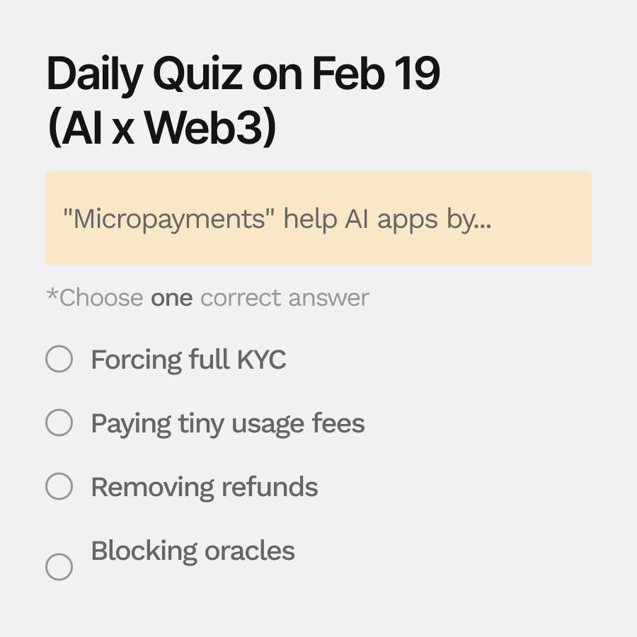 🔍 Need a Hint for Today’s Quiz?

Per-inference pricing models. Fractional token transfers matching API call granularity economically