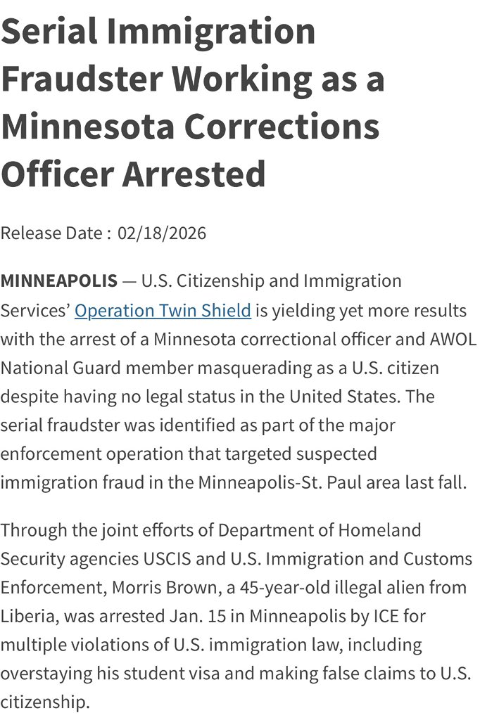 HOLY CRAP

ICE just arrested an illegal from Liberia who was working as a CORRECTIONS OFFICER in Minnesota and also joined the PA National Guard

Wtf is going on in Minnesota