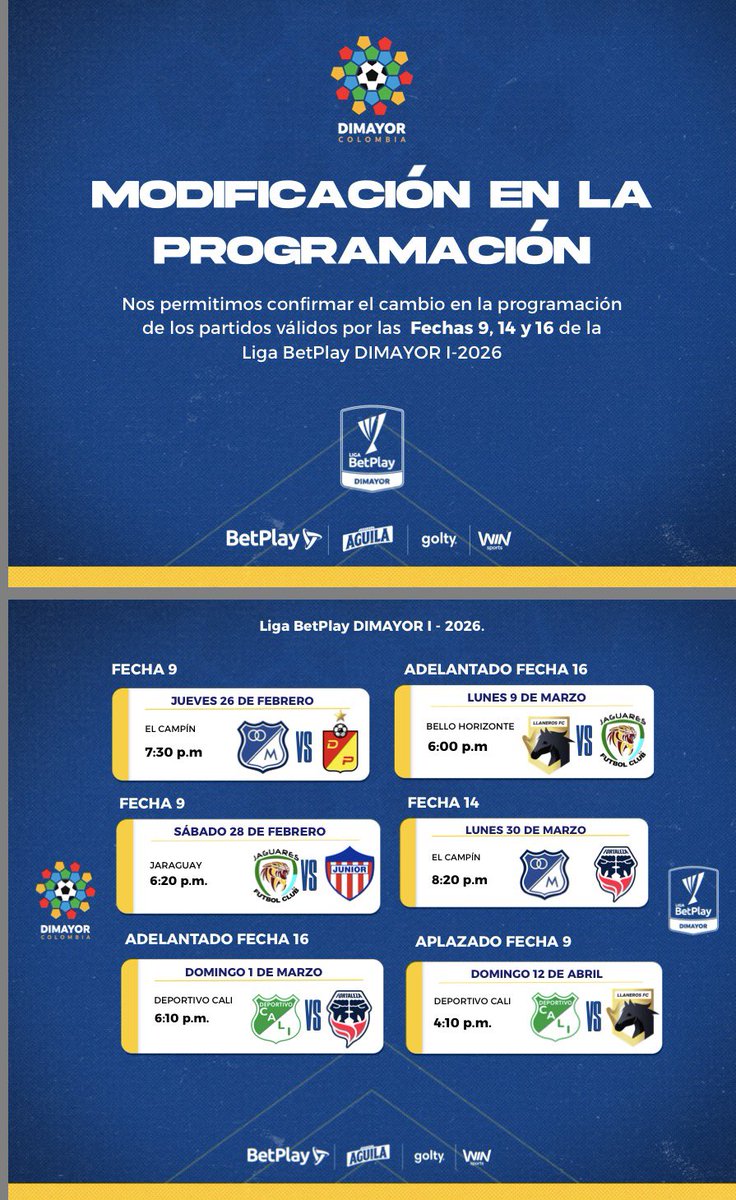 Cambios en partidos de la #LigaBetPlayDimayor 

#quiquebarona #quiqueson #elquiquedelagente