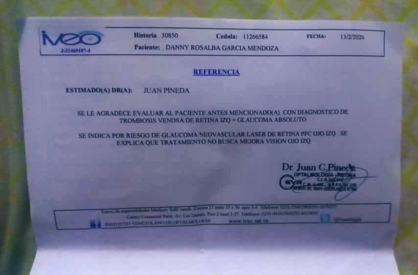 Buenas noches. Danny García tiene 54 años y un diagnóstico de glaucoma crónico avanzado. Perdió por completo la visión en el ojo izquierdo y el derecho está también comprometido. Requiere realizarse exámenes y tratamientos de alto costo para poder salvar el otro ojo y no cuenta