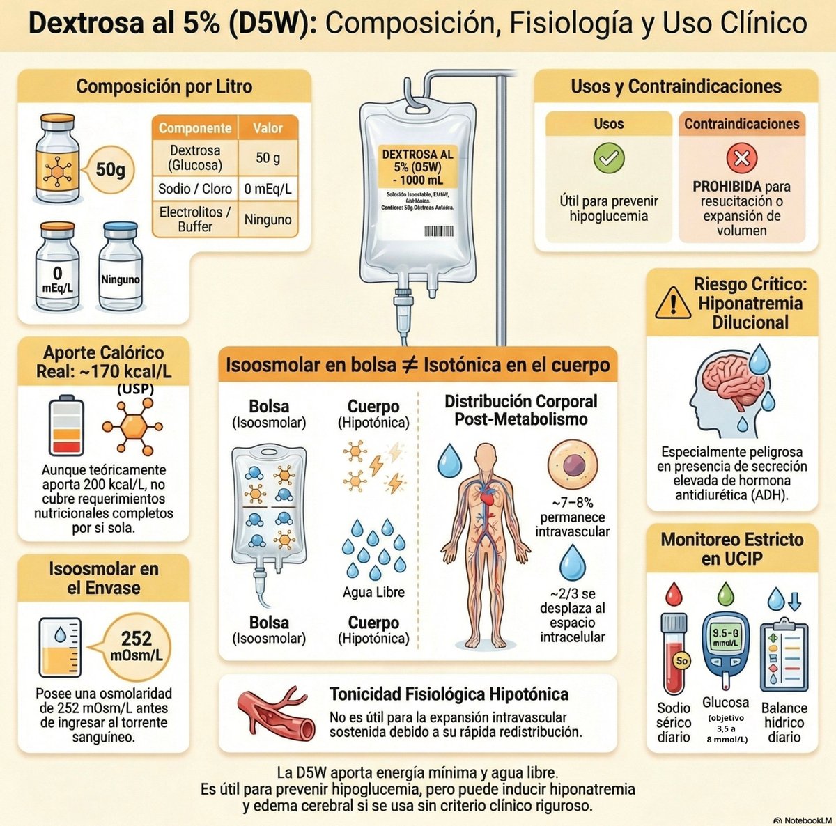 💧🍬 𝗗𝗲𝘅𝘁𝗿𝗼𝘀𝗮 𝗮𝗹 𝟱% (𝗗𝟱𝗪): 𝗹𝗼 𝗲𝘀𝗲𝗻𝗰𝗶𝗮𝗹 𝗲𝗻 𝗰𝗹𝗶́𝗻𝗶𝗰𝗮
⬇️⬇️⬇️⬇️ 

📦 𝘾𝙤𝙢𝙥𝙤𝙨𝙞𝙘𝙞𝙤́𝙣
🍬 50 g glucosa/L
⚡ ~170 kcal/L
🧂 Sin electrolitos
📊 Isoosmolar en bolsa (~252 mOsm/L)

🧬 𝙀𝙣 𝙚𝙡 𝙘𝙪𝙚𝙧𝙥𝙤
➡️ Se metaboliza la glucosa → queda