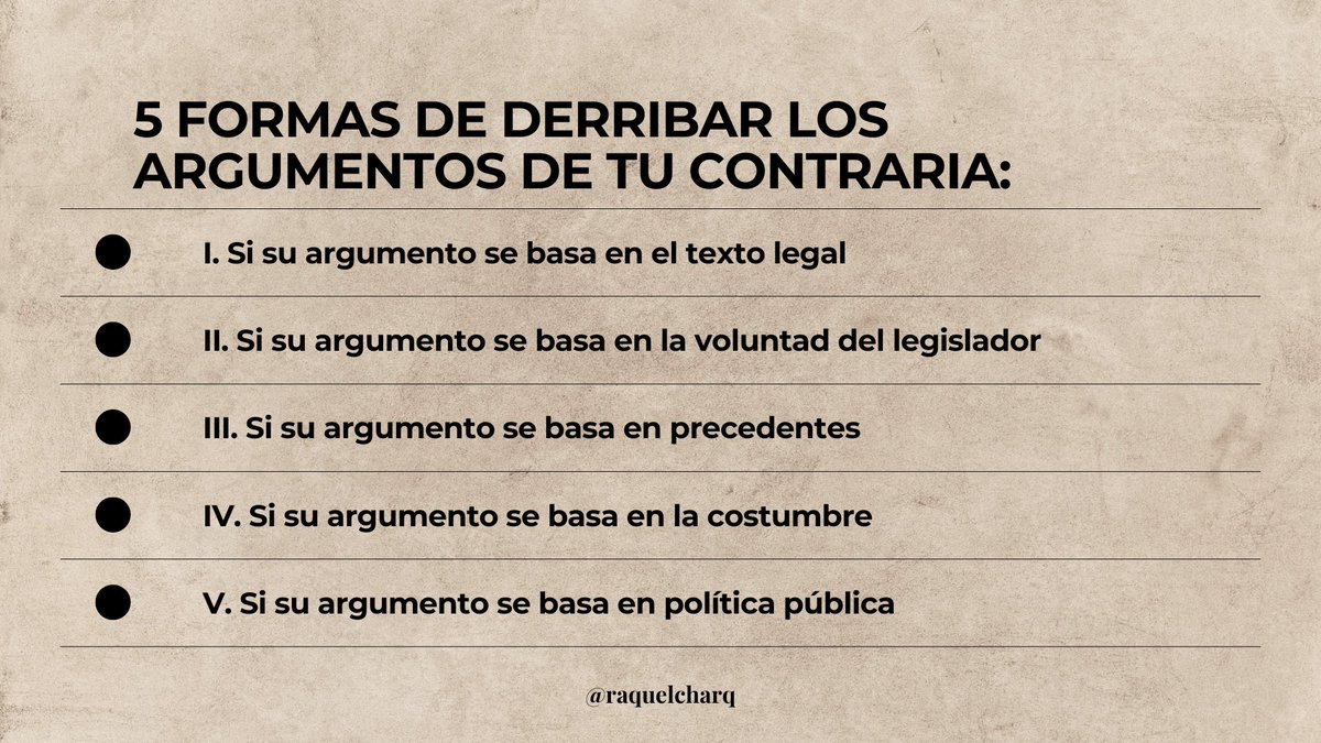 Consejo jurídico no pedido:

Aquí tienes 5 formas de derribar los argumentos de tu contraria.

No todo argumento se responde con otro argumento.
A veces se derriba desde su fundamento.
Si quieres debilitar la postura de tu contraparte, primero identifica desde dónde está