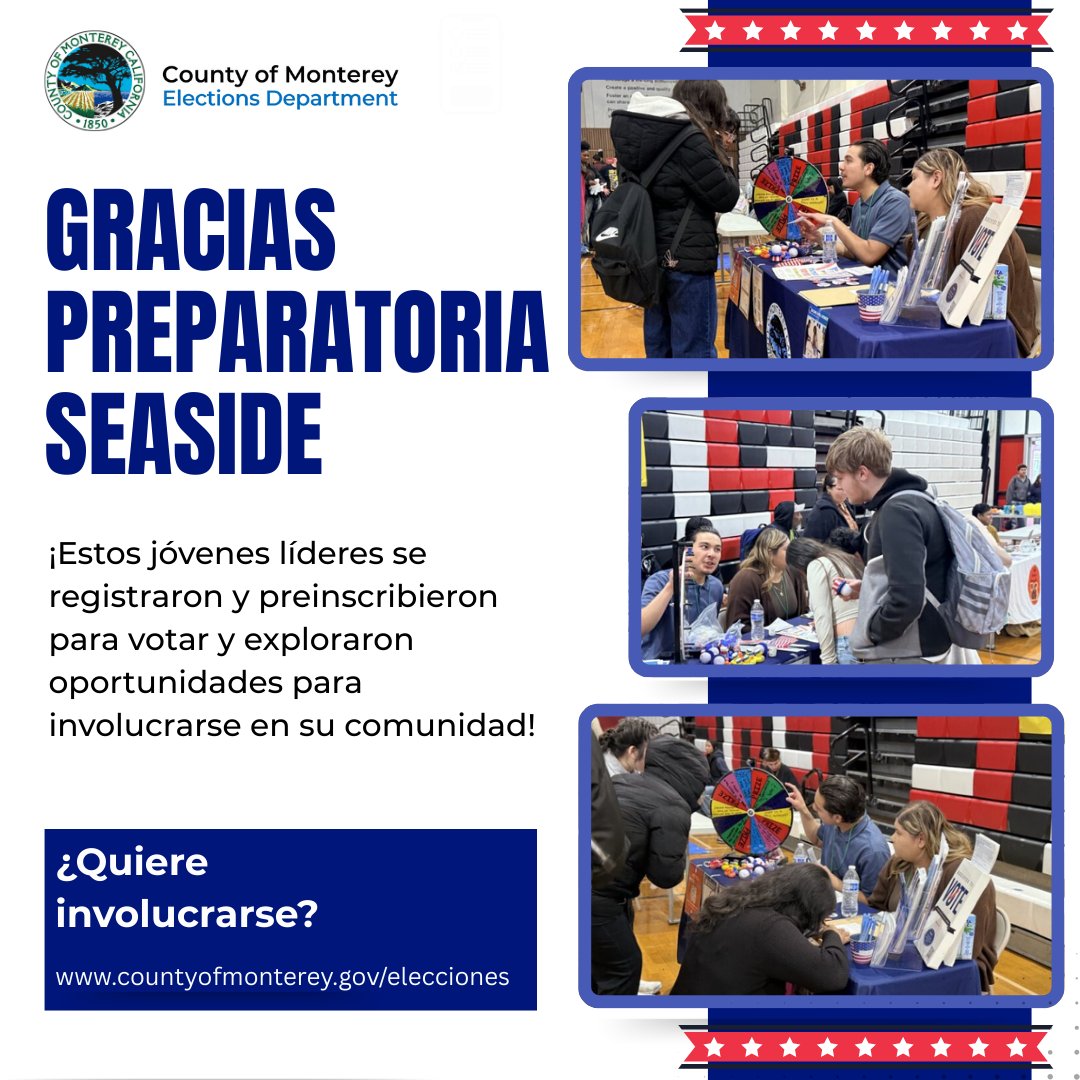 Follow the lead of Seaside High and sign up to be a poll worker and serve your community! More information at tinyurl.com/4crazzc3
***
Siga el liderazgo de la Prepa de Seaside e inscríbase para ser trabajador electoral y servir a su comunidad. Más info:
tinyurl.com/Sea-Voluntario