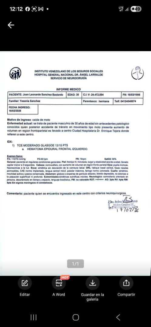 Buenas noches. Joan tiene 30 años y tuvo un accidente de tránsito. Se encuentra en unidad de cuidados intensivos en el hospital de Carabobo y requiere recaudar los siguientes insumos para poder ser operado. También les dejo los datos de su familiares directos por si pudieran