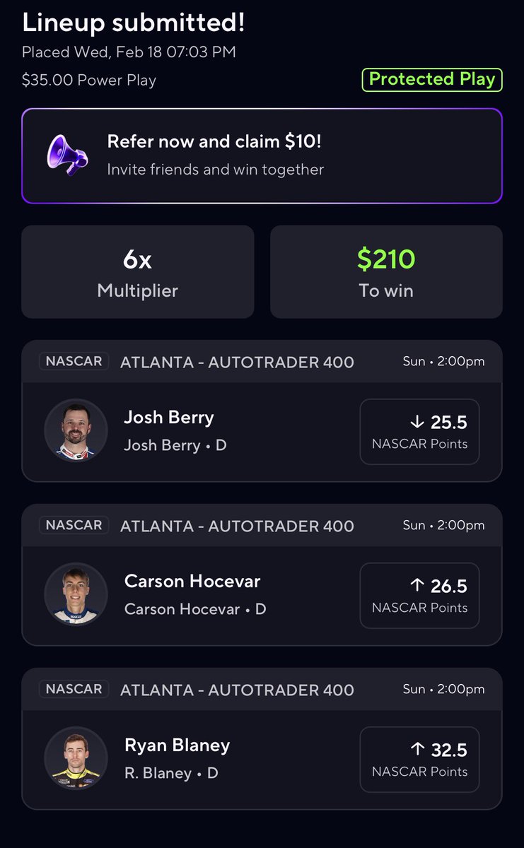 NASCAR_locks's tweet photo. RISK FREE SHOT AT $210
Using PrizePicks’ protected play today on this parlay for Sunday’s race!
Don’t love these lines as much as the Underdog ones I posted earlier, but still taking a shot at this since it’s risk free.
#PrizePicks #NASCAR #SportsBettingX #SportsGambling https://t.co/10EeldWGfH
