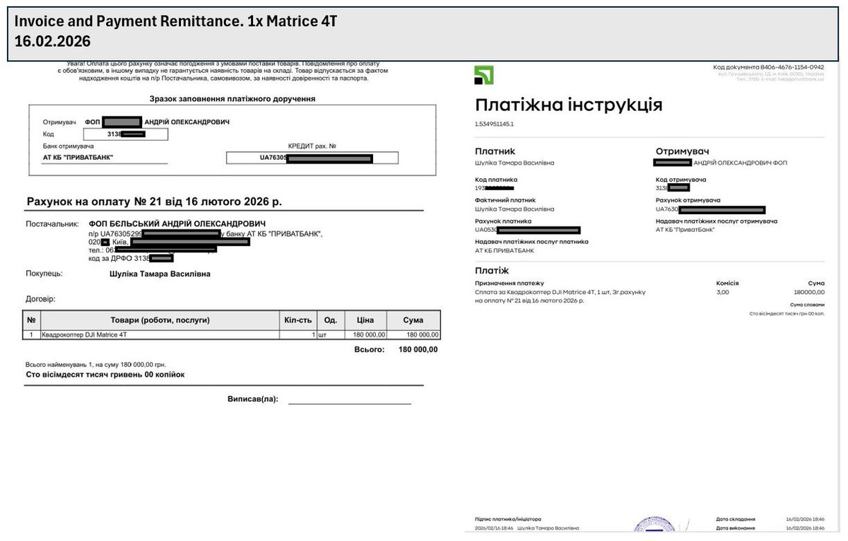 Lorelei_0502's tweet photo. PATMENT REPORT
 PART 3
#Tsunami Regiment #Luit Brigade #Kinstantinivka
16.02.2026
Second 1x Matrice 4T

PayPal. Total Collected: €4,116.90= 209.203 UAH
Matrice 4T. Paid: 180,000.00 UAH 
Bank commission: 3UAH
Remaining Balance: 29,200 UAH

https://t.co/0Lbkp1ue6x https://t.co/I6IilYdzqA