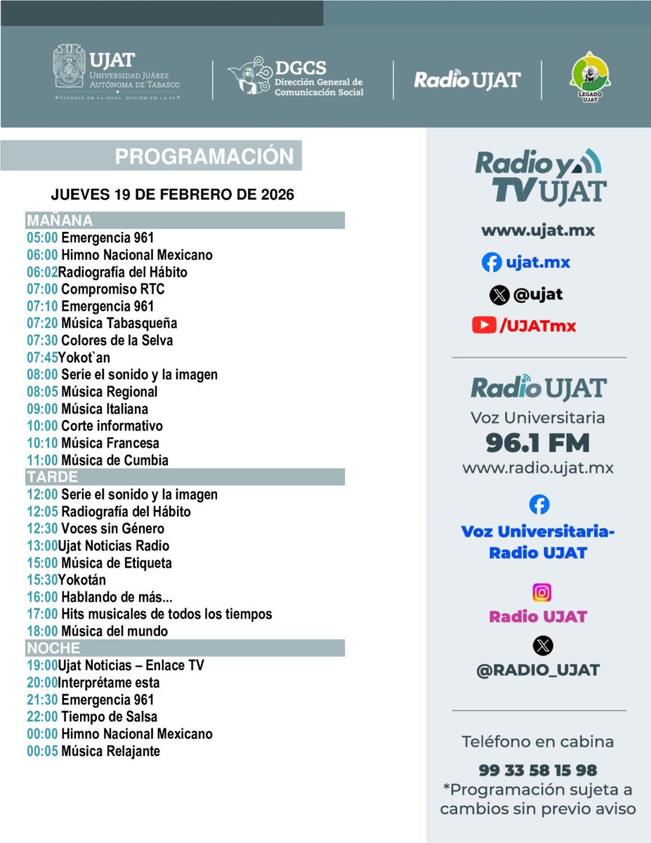 📻✨ ¡Sintoniza Radio UJAT!
Este jueves 19 de febrero, disfruta una programación variada con cultura, noticias y música para todos los gustos.
🎙️ Radio UJAT 96.1 FM
🌐 radio.ujat.mx
#RadioUJAT #VozUniversitaria #UJAT