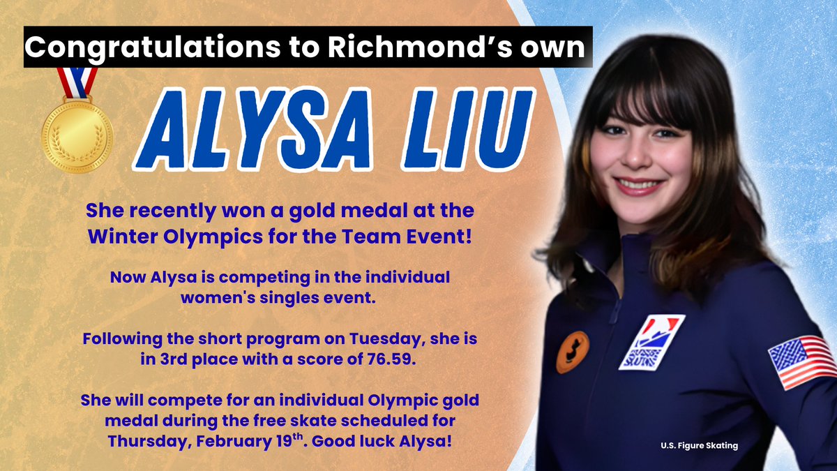 KCRTTelevision's tweet photo. Congratulations to Richmond’s own Alysa Liu!
She is competing at the 2026 Winter Olympics and already won gold for the team event. Next up: women’s individual event scheduled for 2/19. Good luck, Alysa!
#AlysaLiu #Olympics #USASkating #RichmondCalifornia #RichmondProud https://t.co/WUYGIBQd3C