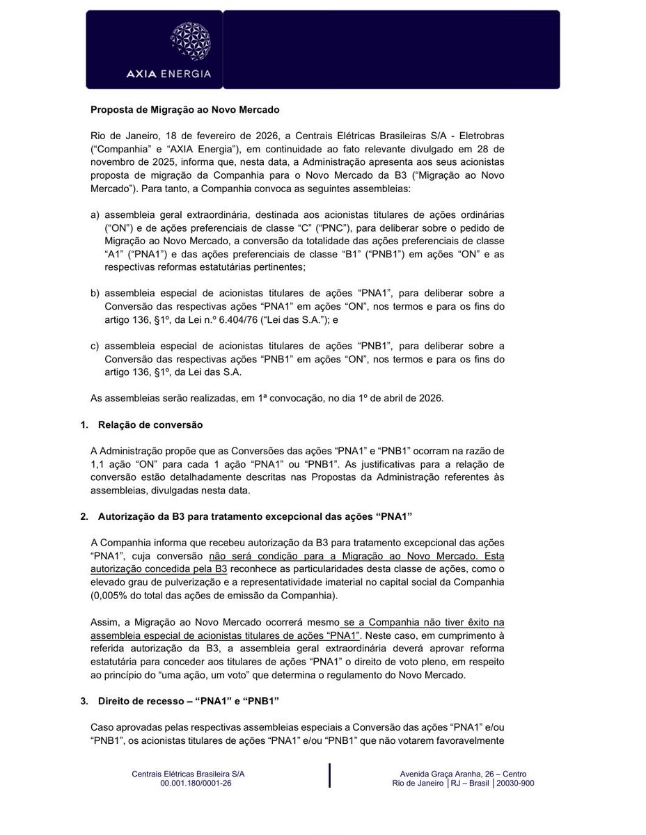 AvisosDaBolsa's tweet photo. CENTRAIS ELET BRAS S.A. - ELETROBRAS - Proposta de Migração ao Novo Mercado #ELET3 #ELET5 #ELET6 https://t.co/G6aUy1QS5H