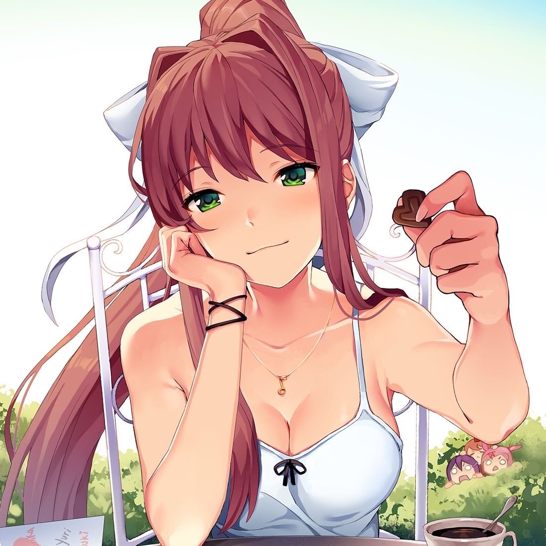 DOKI DOKI LITERATURE CLUB. PLEASE ALBERT <a href="/AlbertsStuff/">Gilbert</a> . its FREE on steam. its a horror game disguised as a dating simulator so theres a bit of gore and its a slow start but once it gets going its really creepy. AND theres cute girls. i had to bring this to twitter