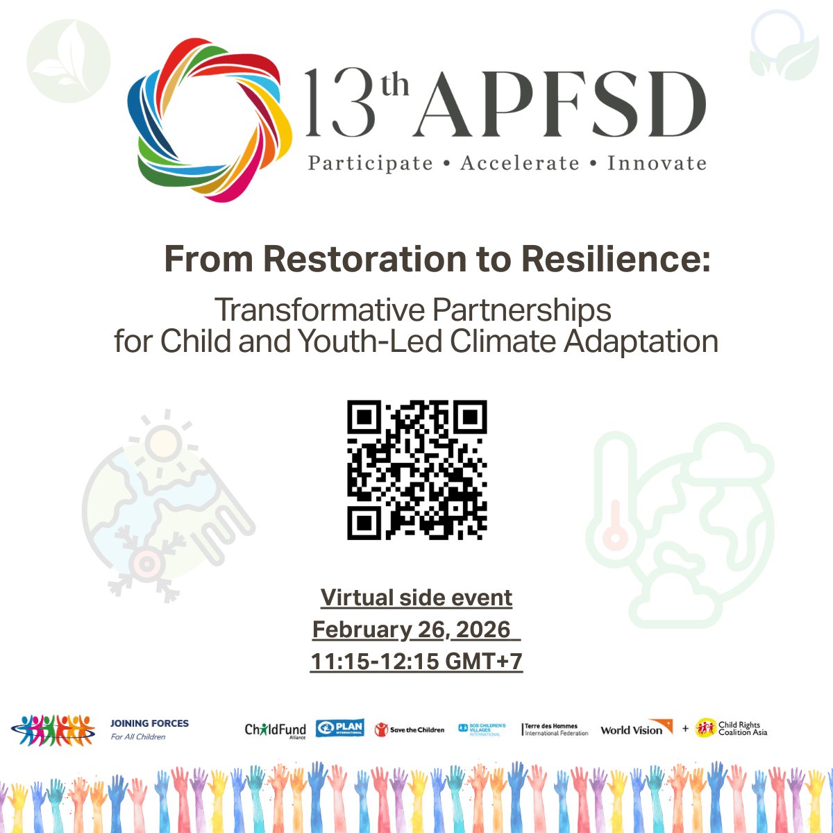 vuthaya's tweet photo. 📣 Environmental change is now one of the biggest child rights and mental health challenges in Asia. Join us for a virtual side event to hear stories of young people
📆 February 26, 2026
⏱️ 11.15 to 12.15/ GMT+7
📍Zoom: https://t.co/pbUTbCZOyv

#13APFSD #SDGs #Childrights https://t.co/grVK2MAsoA