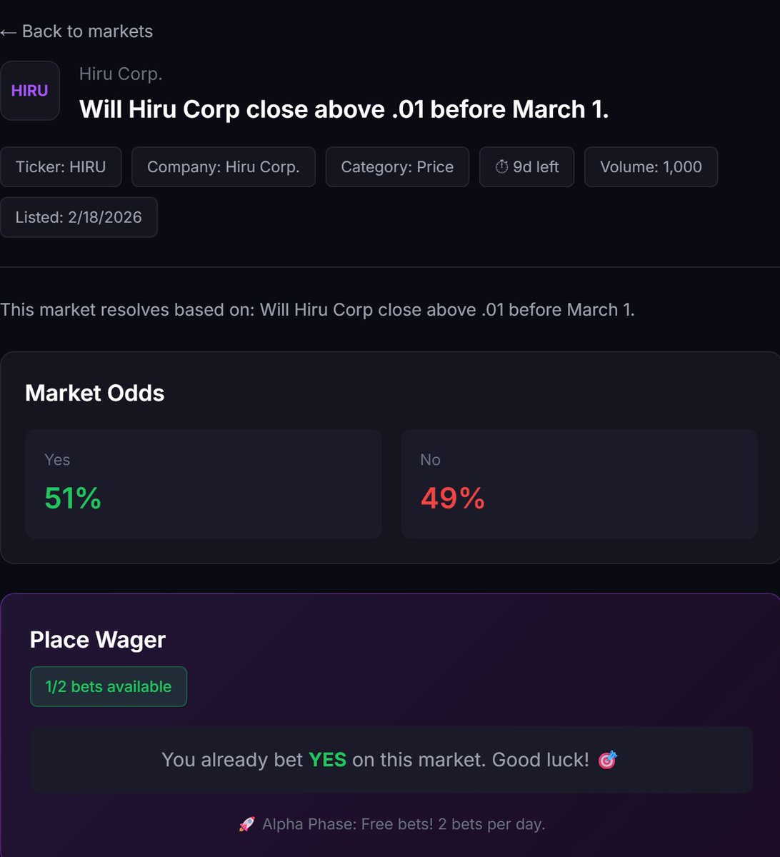 Will $HIRU close above .01 before March?

What if you could bet on it?

pulse.otcfi.io