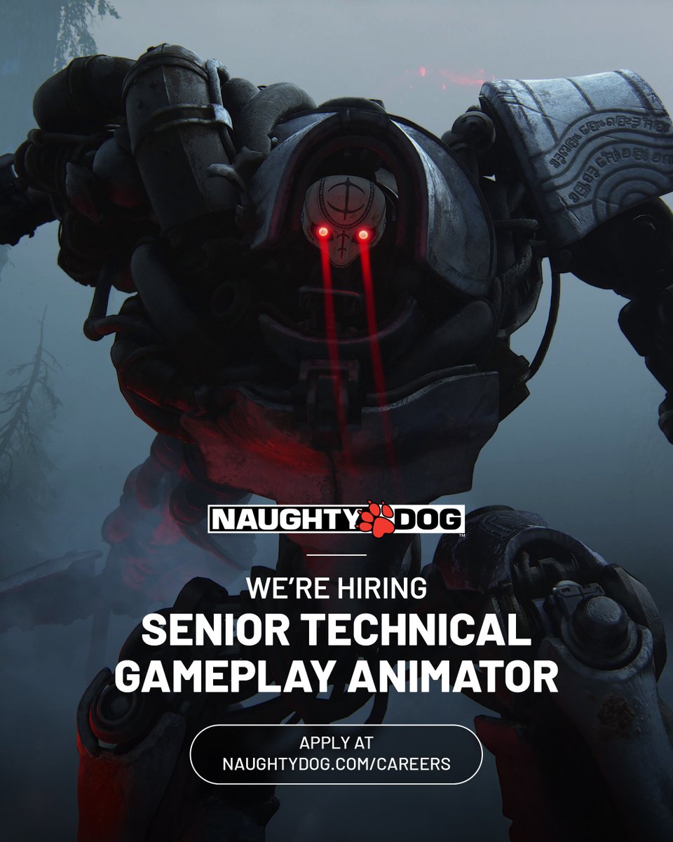 NaughtyDogJobs's tweet image. We're hiring a Senior Technical Gameplay Animator! 🧑‍💻

If you have deep experience in building complex and high-quality animation systems, you're just who we're looking for.

Apply here: naughtydog.com/greenhouse/job…

#NaughtyDog #NaughtyDogCareers #DevJobs #Hiring #GameplayAnimator