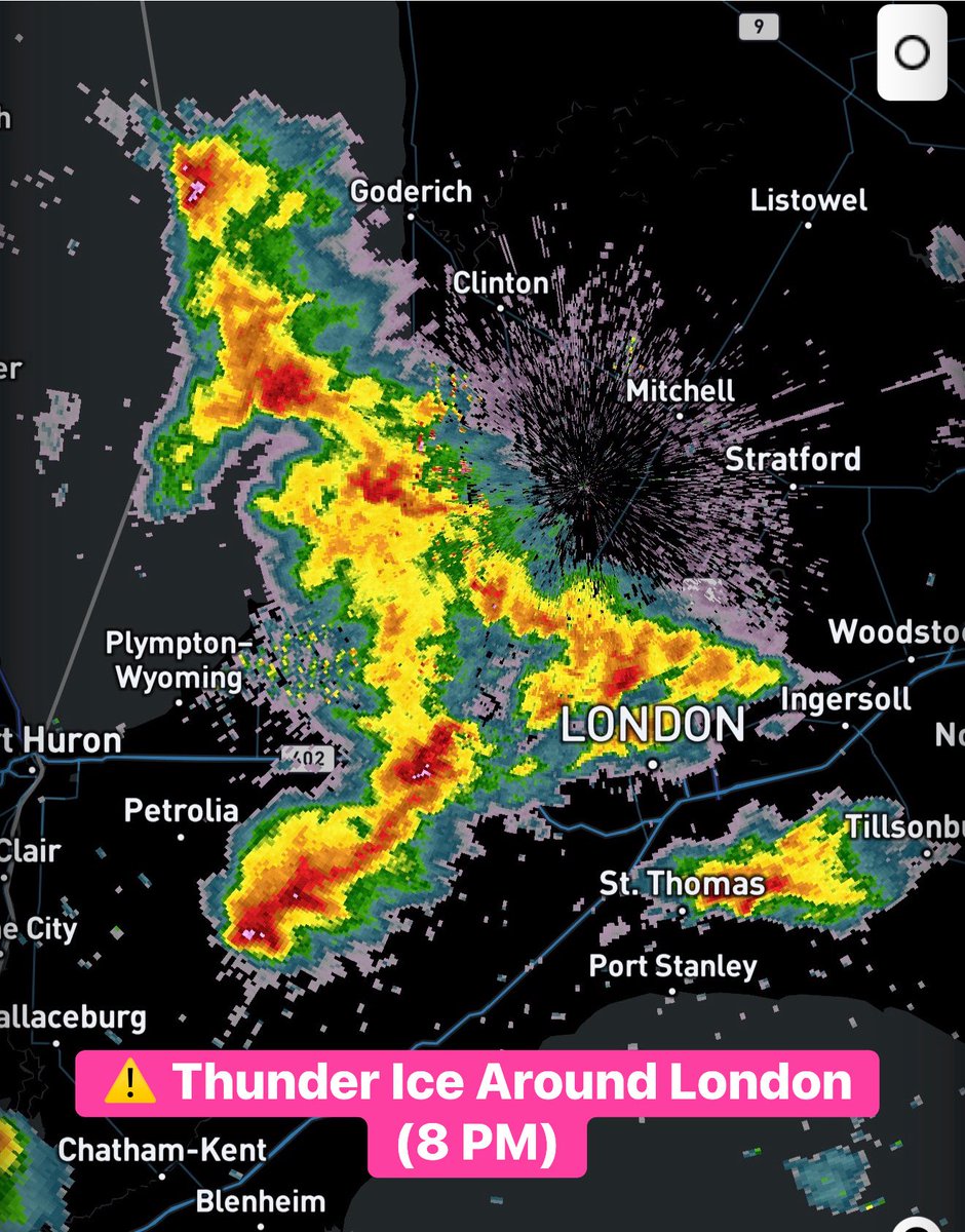 #ONStorm #ONwx ⚡️ Thunder Ice in London! 🧊

Well, I didn’t have this on my bingo card… 😅

Some strong thunderstorms are working their way through the Goderich to London corridor as of 8 PM. Even a bit of a hail core on some of the storms.

They should remain non-severe,