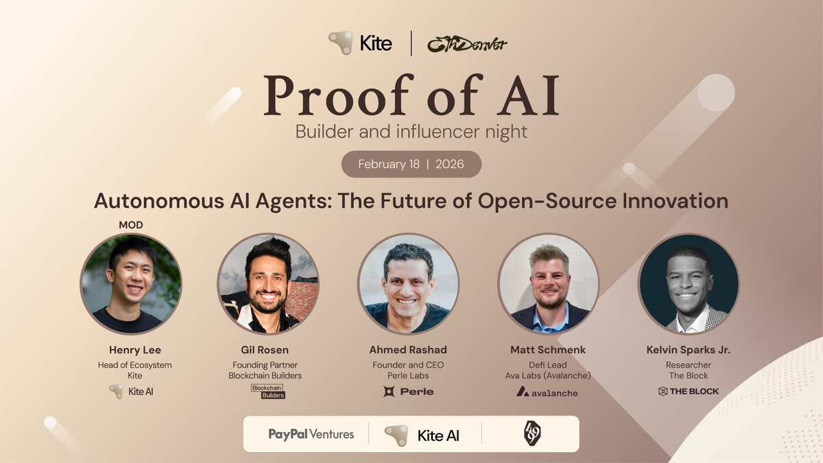 Pulling up to Proof of AI tonight with <a href="/GoKiteAI/">KITE AI 📍 ETHDenver 🦬</a> at <a href="/EthereumDenver/">ETHDenver 🏔🦬🦄</a>!

Our CEO <a href="/AhmedZRashad/">Ahmed Rashad</a> is speaking tonight on Autonomous AI Agents: The Future of Open-Source Innovation with:

<a href="/gilswrld/">Gil R</a>, Founding Partner <a href="/theBBFund/">Blockchain Builders Fund</a>
 <a href="/MattSchmenk/">Matt🔺🏔</a>, Defi Lead <a href="/avax/">Avalanche🔺</a>
<a href="/imyoungsparks/">Kelvin Sparks</a>, Researcher