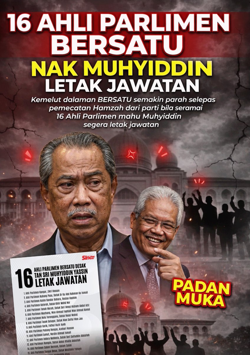 Besi_Karat2's tweet photo. 16 AHLI PARLIMEN BERSATU
NAK MUHYIDDIN LETAK JAWATAN

#BERSATU
#TSMY
#Sepak
#HamzahZainuddin https://t.co/7aPG52Miqr